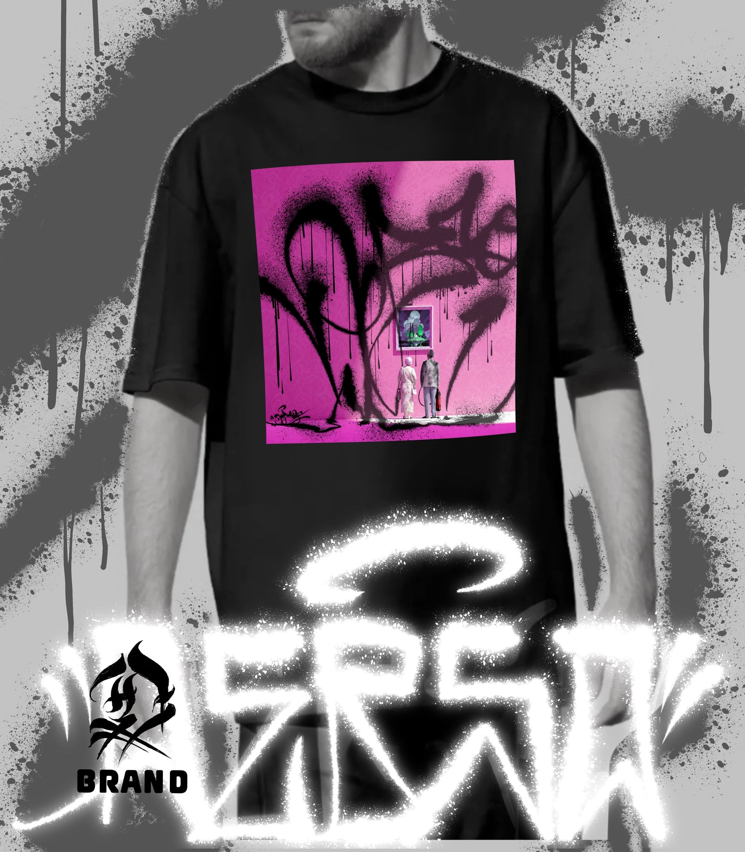 Model wearing the Fine Art Attack faded-black heavyweight tee with pink gallery artwork