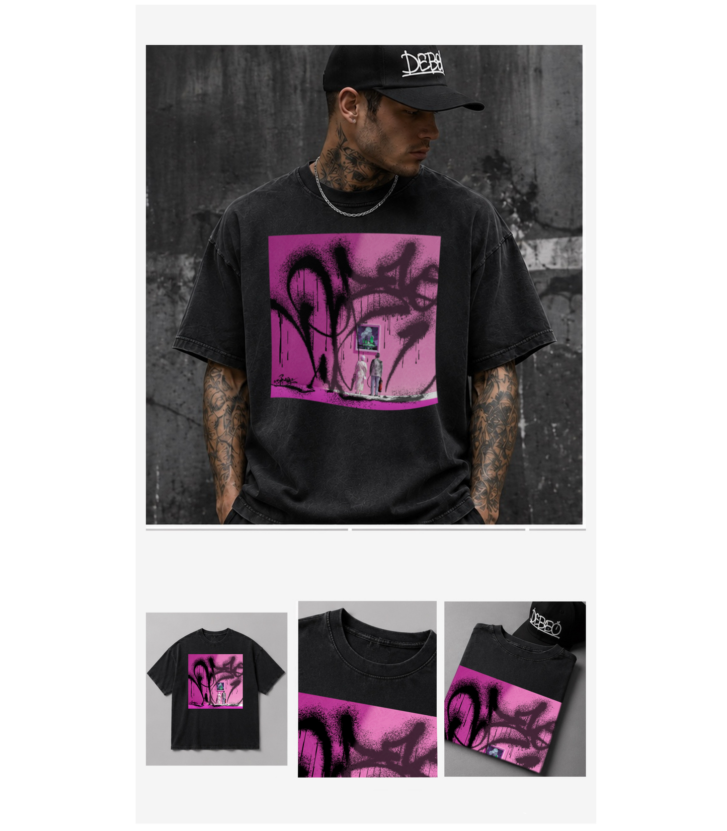 Fine Art Attack faded-black heavyweight tee front view on a tattooed model