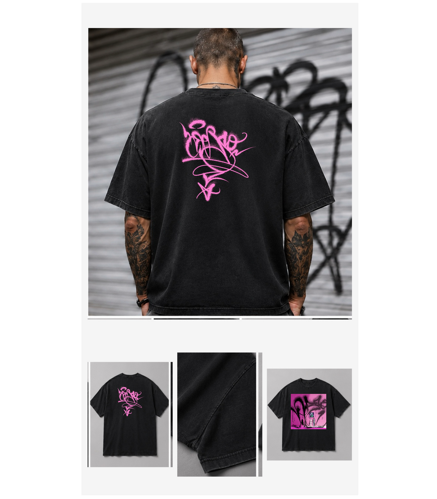 Fine Art Attack faded-black heavyweight tee back view with pink DEBSO handstyle