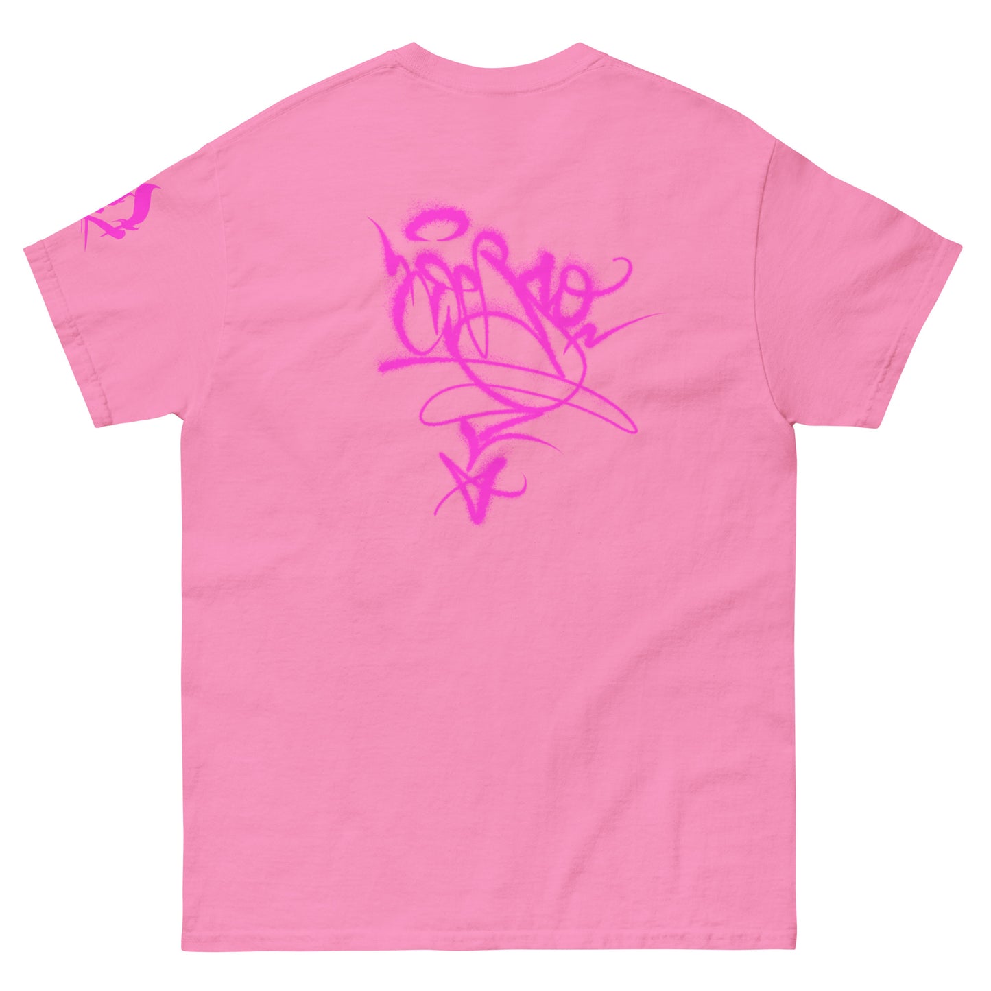 Fine Art Attack pink tee back view with oversized DEBSO handstyle