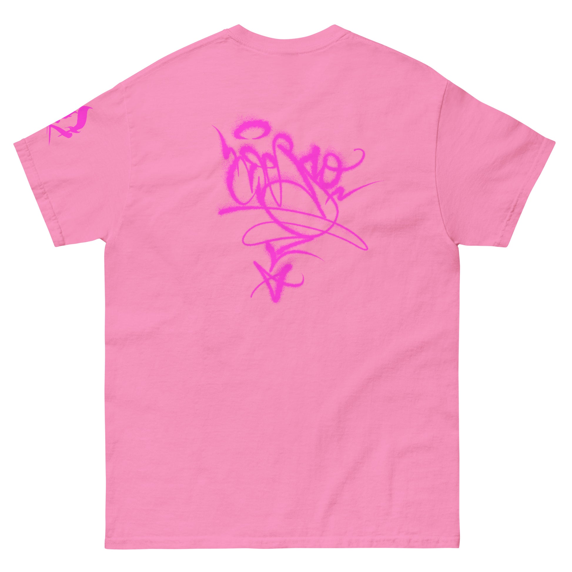 Fine Art Attack pink tee back view with oversized DEBSO handstyle