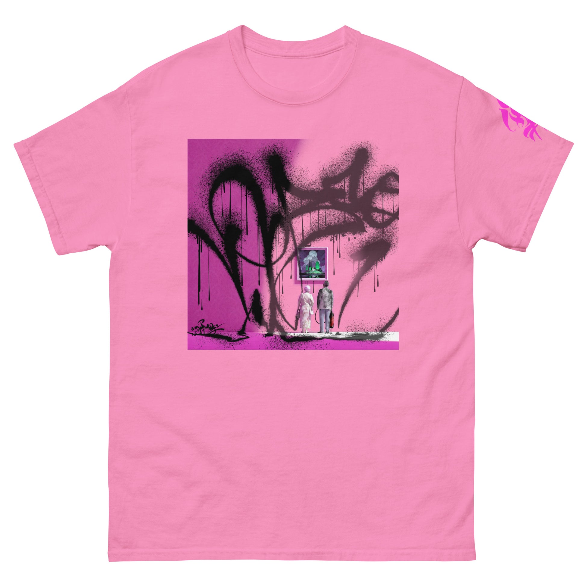 Fine Art Attack pink graphic tee front view with DEBSO artwork