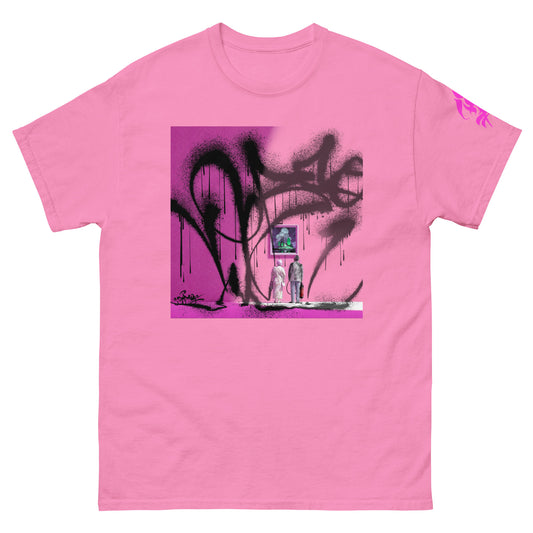 Fine Art Attack pink graphic tee front view with DEBSO artwork